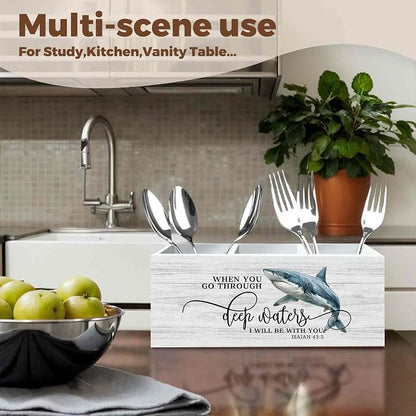Christian Shark Pencil Pen Holder for Desk Organizer, Christian Gifts for Women Men, Coastal Beach Shark Bible Verse Wooden Box Decorations for Home Office Bedroom Desk Tabletop Decor
