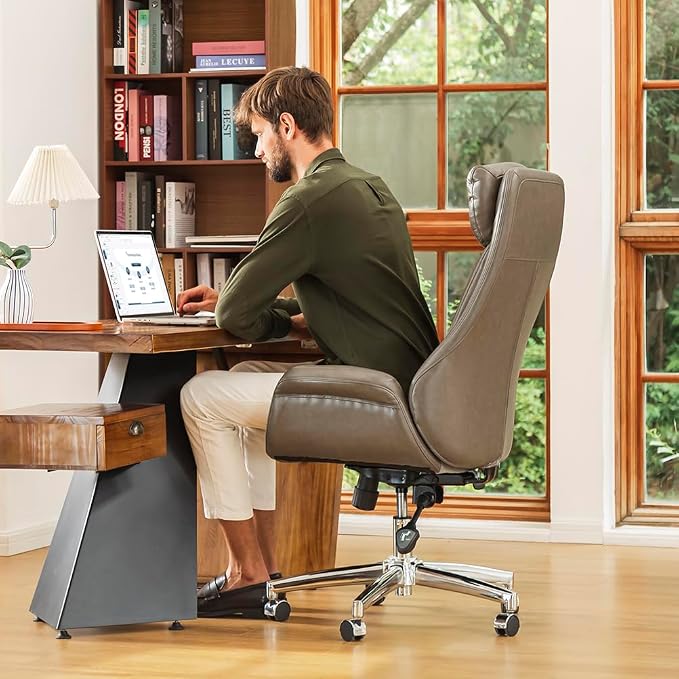 Glitzhome Mid-Century Modern PU Leather Adjustable Swivel High Back Office Chair, Adjustable Task Chair with Lumbar Back Support Executive Swivel Chair(Grey)