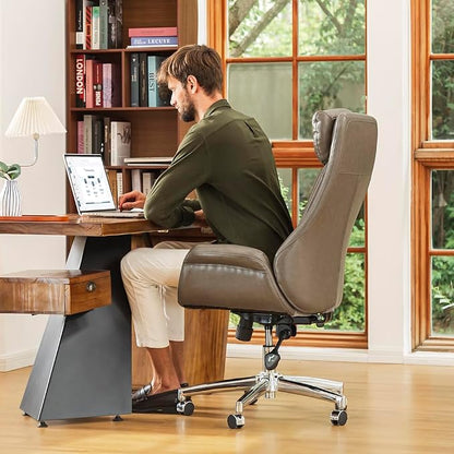 Glitzhome Mid-Century Modern PU Leather Adjustable Swivel High Back Office Chair, Adjustable Task Chair with Lumbar Back Support Executive Swivel Chair(Grey)