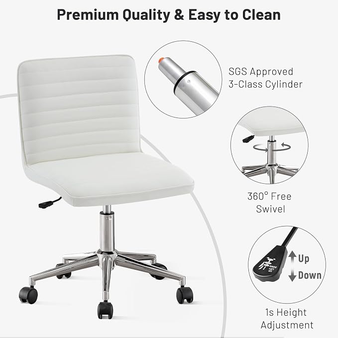 PU Leather Armless Office Chair - 360° Swivel Computer Desk Chair with Adjustable Height & Comfy Chrome Legs, Ivory White - Perfect for Home Office, Bedroom, Living Room & Vanity, Ivory White