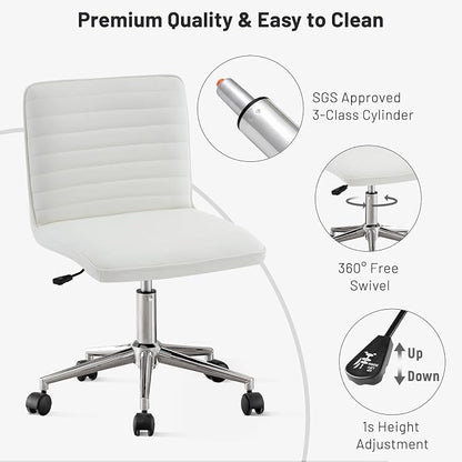 PU Leather Armless Office Chair - 360° Swivel Computer Desk Chair with Adjustable Height & Comfy Chrome Legs, Ivory White - Perfect for Home Office, Bedroom, Living Room & Vanity, Ivory White