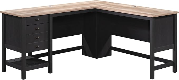 Sauder Cottage Road L Shaped Desk Computer Desk with Drawers, Home Office Desk with Optional File Cabinet Storage, Cable Management, in Raven Oak Finish