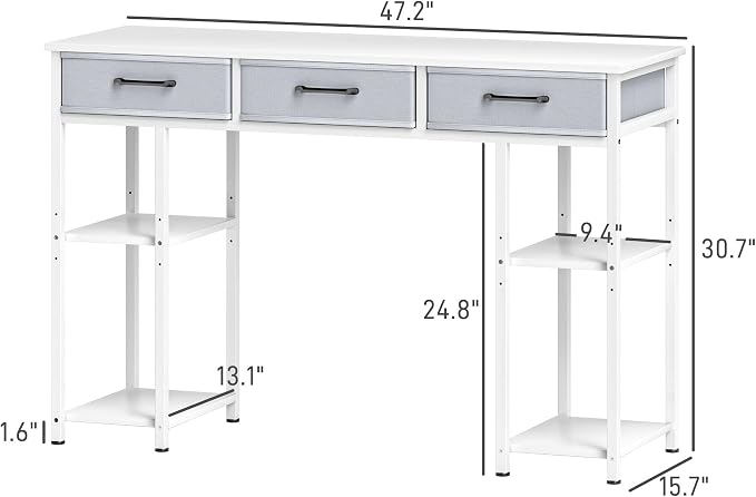 HOMCOM 47" Computer Desk with 3 Fabric Drawers, Home Office Desk with Adjustable Shelves, Small Writing Desk with Storage, White