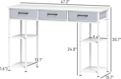 HOMCOM 47" Computer Desk with 3 Fabric Drawers, Home Office Desk with Adjustable Shelves, Small Writing Desk with Storage, White