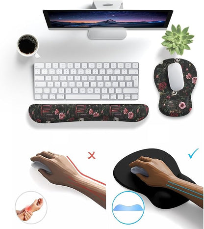 Gothic Skull Rose Ergonomic Mouse Pad with Wrist Rest & Keyboard Wrist Support Set - Non-Slip Gaming Office Desk Mat, Comfortable Memory Foam Cushion for Computer/Laptop Users, Home Office Workers