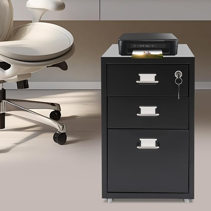 3 Drawers File Cabinet Locking Vertical File Cabinet Under Desk Small File Cabinet with Wheels for Home Office (Black)