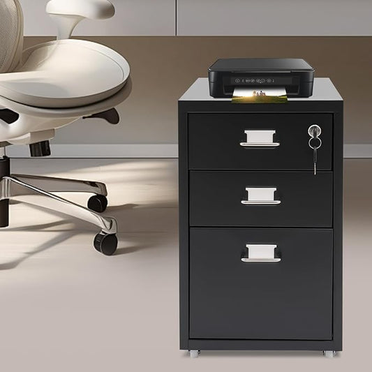 3 Drawers File Cabinet Locking Vertical File Cabinet Under Desk Small File Cabinet with Wheels for Home Office (Black)