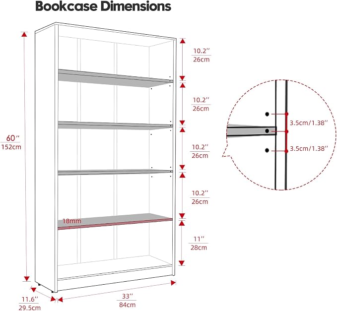 Farini 60 Inch Tall Bookcase,5 Shelf Bookshelves,Adjustable Bookshelf for Home Office,Black