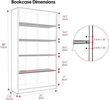 Farini 60 Inch Tall Bookcase,5 Shelf Bookshelves,Adjustable Bookshelf for Home Office,Cherry