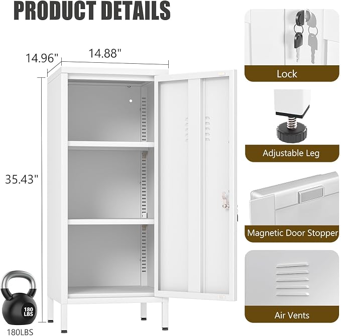 Metal Locker Cabinet, 35.4" H Home Office Storage Lockers, Vertical Steel Storage Cabinet with Locking Door and 2 Adjustable Shelves, Garage Tool File Cabinets for Home Office,Garage,Bathroom,White