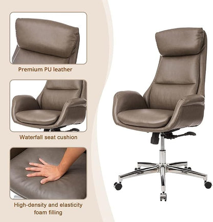 Glitzhome Mid-Century Modern Leatherette Adjustable Swivel High Back Office Chair Brownish Grey