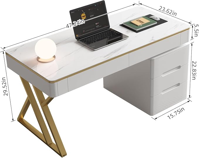 Wooden Computer Office Desk with Drawers for Home Office - White Gaming Desk with Tempered Glass Top - Thickened Lacquered PC Desk and Writing Desk - Escritorios para Computadoras (Z-105)