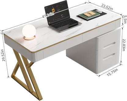 Wooden Computer Office Desk with Drawers for Home Office - White Gaming Desk with Tempered Glass Top - Thickened Lacquered PC Desk and Writing Desk - Escritorios para Computadoras (Z-105)