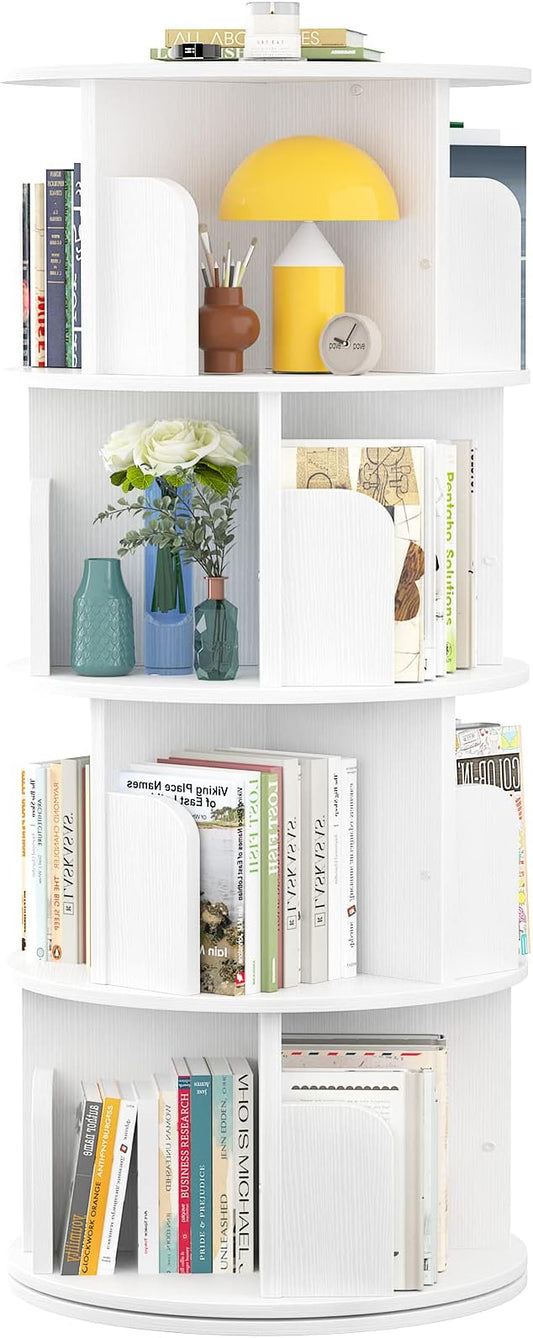 Aheaplus Rotating Bookshelf, Small Corner Bookshelf for Small Space, 360 Display 4 Tier Floor Standing Bookcase Storage Rack, Wood Narrow Book Shelf Organizer for Bedroom, Living Room, White