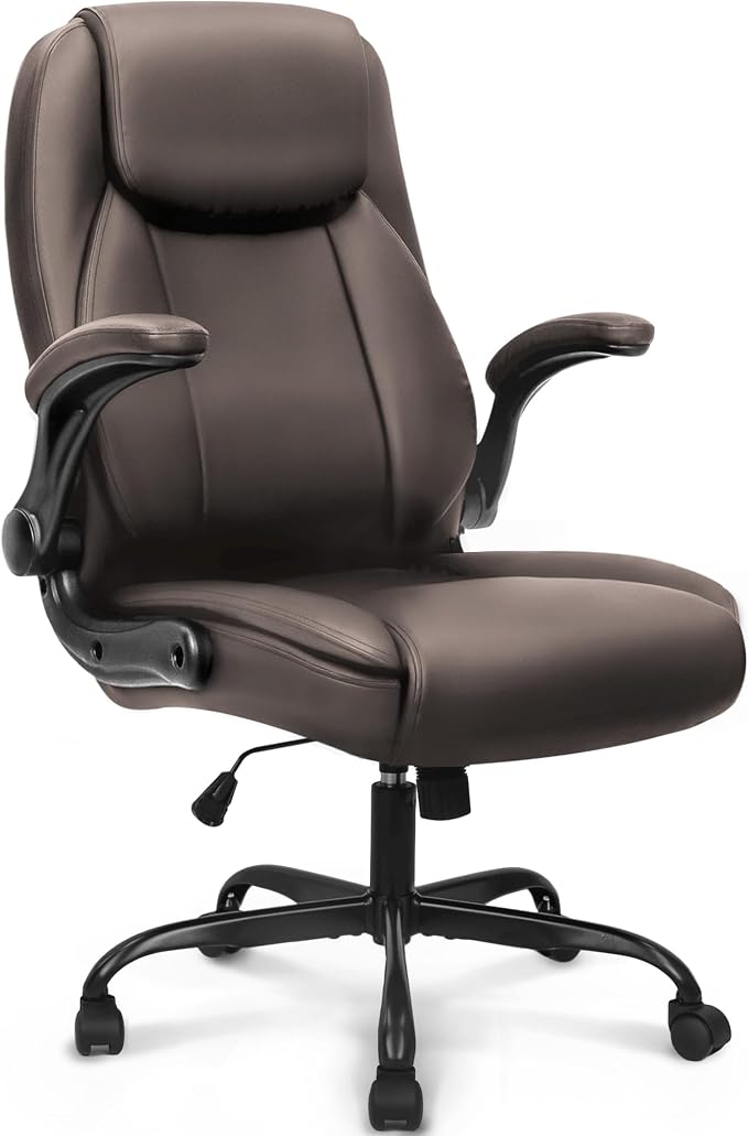 NEO CHAIR Office Desk Gaming Computer Home Chair Ergonomic Executive High Back Support Flip-up Arms Adjustable Height Swivel Rolling Wheels Comfy PU Leather (Brown)