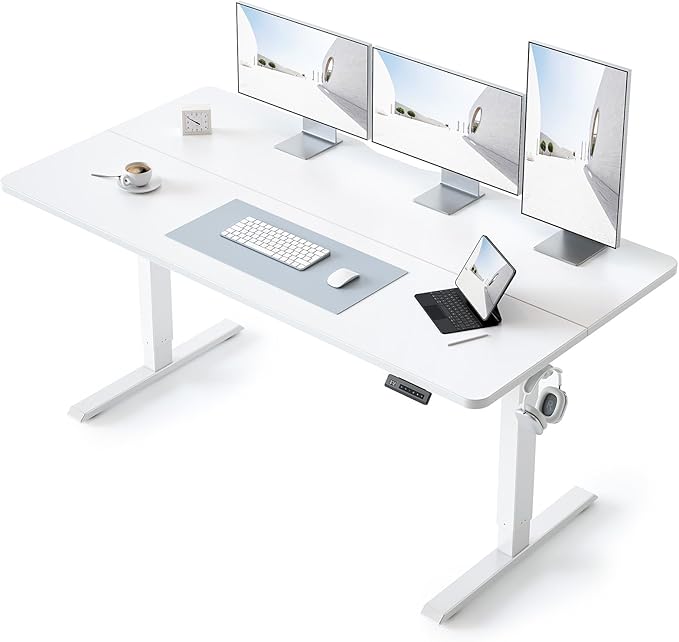 BANTI 63 × 28 Inches Standing Desk, Ergonomic, Electric Height Adjustable, Sit and Stand Up, Computer Office Desk with Splice Board, White Frame/White Top