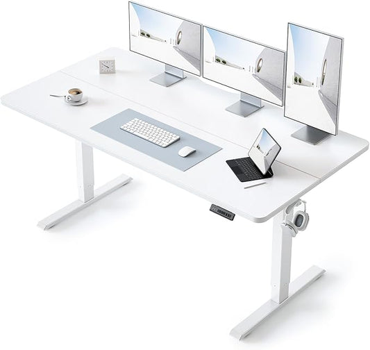 BANTI 63 × 28 Inches Standing Desk, Ergonomic, Electric Height Adjustable, Sit and Stand Up, Computer Office Desk with Splice Board, White Frame/White Top