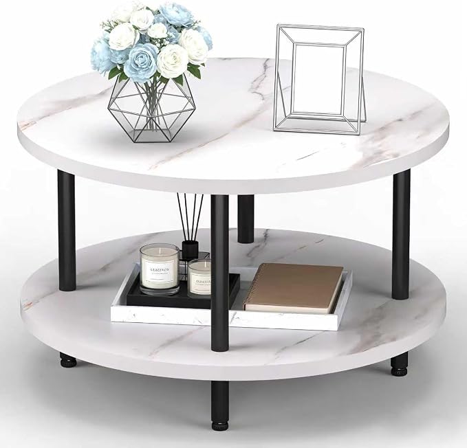 FAMIDGE Round Coffee Table, 23.6" Circle Coffee Table for Living Room, 2-Tier Wood Accent Center Table with Open Storage Industrial Design Home Furniture, White
