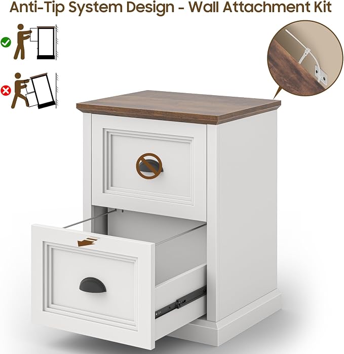 Halitaa Vertical File Cabinet, Filing Cabinet with 2 File Drawers, Farmhouse Small File Cabinet Fits Letter/A4 Size, Wooden Printer Stand, Under Desk Cabinets for Home Office, White
