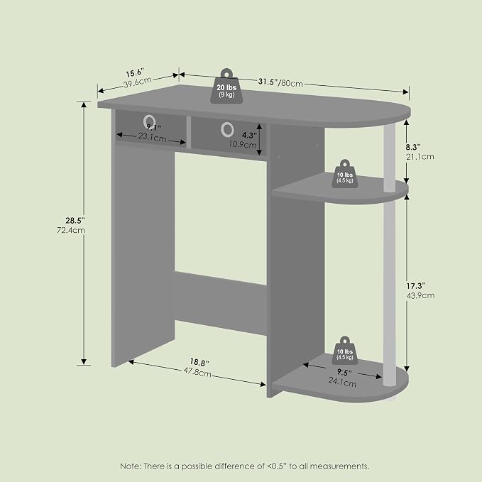 Ipoh Home Computer Desk, 32 Inch Writing Desk, Study Desk with Side Shelves and Bin Storage, for Home Office, Study Room, Black/Grey