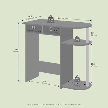 Ipoh Home Computer Desk, 32 Inch Writing Desk, Study Desk with Side Shelves and Bin Storage, for Home Office, Study Room, Natural/White