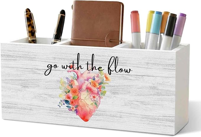 Nurse Office Pencil Pen Holder for Desk Organizer, Nurse Appreciation Gifts, Nursing Week Gifts, Go with the Flow Flower Heart Wooden Box Decorations for Office Desk Tabletop Decor