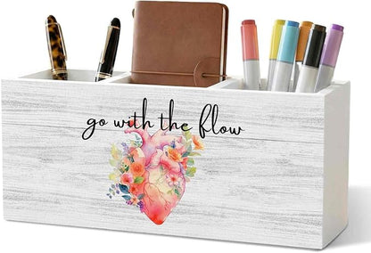 Nurse Office Pencil Pen Holder for Desk Organizer, Nurse Appreciation Gifts, Nursing Week Gifts, Go with the Flow Flower Heart Wooden Box Decorations for Office Desk Tabletop Decor