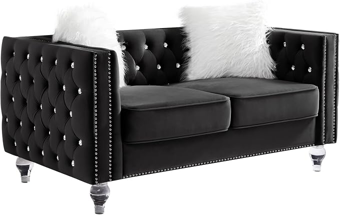 mikibama Velvet Loveseat with Buttons and Square Arms 59 Inch Tufted Sofa with Trimmed Nailhead and Acrylic Legs Loveseat Couch for Living Room, Bedroom (Black-Crystal Legs, Loveseat)