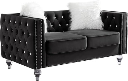 mikibama Velvet Loveseat with Buttons and Square Arms 59 Inch Tufted Sofa with Trimmed Nailhead and Acrylic Legs Loveseat Couch for Living Room, Bedroom (Black-Crystal Legs, Loveseat)