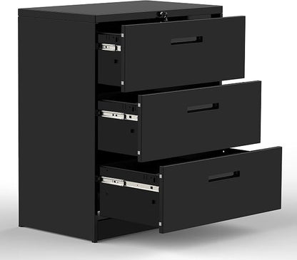 Lateral File Cabinet, 3 Drawers Metal Lockable Filing Cabinet for Commercial Grade Office Legal and Letter File (Black)