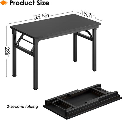 Need 35.8 Inch Folding Desk for Small Spaces, Home Office Computer Desk with Wood Top & Black Frame, Foldable Writing Table for Study, Bedroom, Dorm Room & Student, Black
