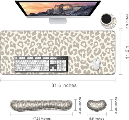 MIBITRI Keyboard Mouse Pad Set, Extended Gaming Mouse Pad+Ergonomics Keyboard Wrist Rest Support, Memory Foam, Easy Typing Pain Relief, 4Pcs XXL Ultra Thick Desk Mat, Leopard Print
