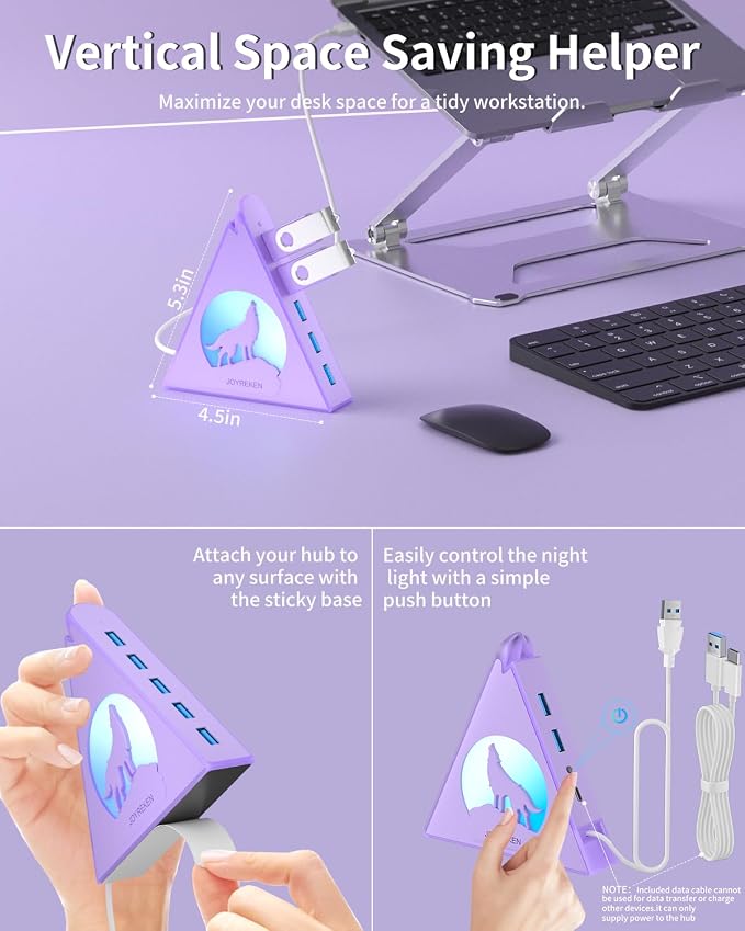 USB 3.0 Hub 7 Port, Vertical USB Splitter with RGB Lighting, 5Gbps High-Speed Data Transfer, 2FT Extension Cable, Tower USB Hub for PC, Laptop, MacBook, PS5, Xbox, Flash Drive, Printer (Light Purple)