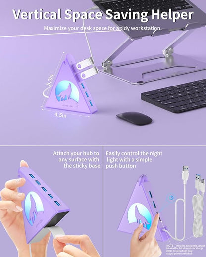 USB 3.0 Hub 7 Port, Vertical USB Splitter with RGB Lighting, 5Gbps High-Speed Data Transfer, 2FT Extension Cable, Tower USB Hub for PC, Laptop, MacBook, PS5, Xbox, Flash Drive, Printer (Light Purple)