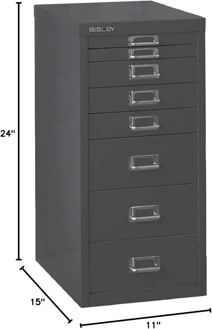 Bisley 8-Drawer Steel MultiDrawer Cabinet - Anthracite Grey | Chrome Pull Handles with Label Holders, Powder-Coated Steel, Removable Drawers, Fits Under Most Desks, Labels Included