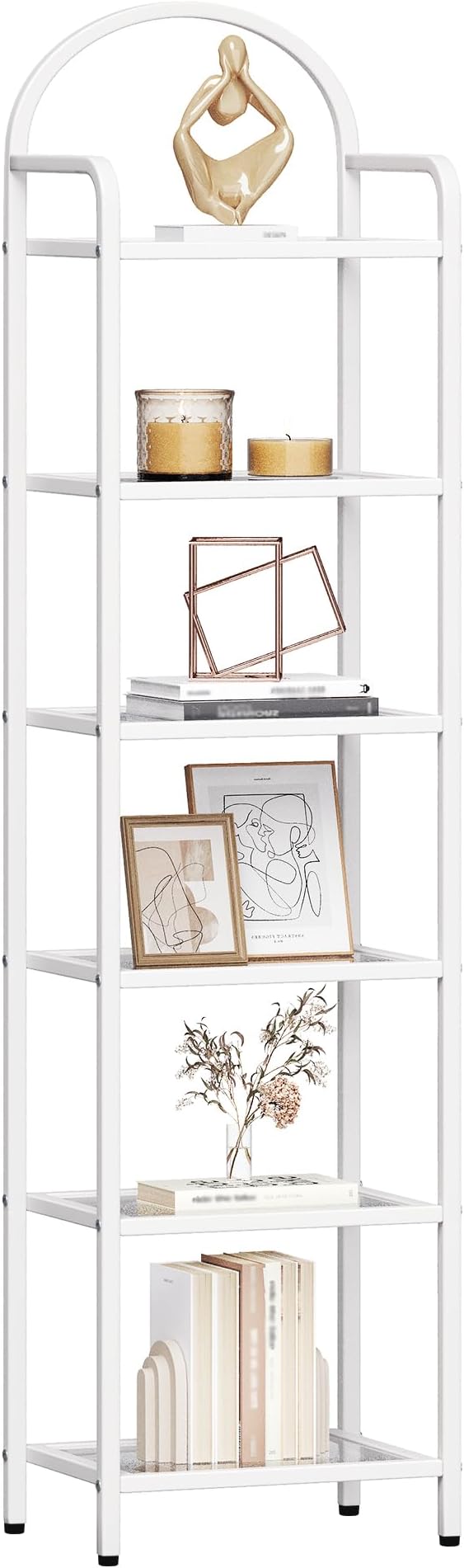 Hzuaneri Bookcase Bookshelf, Tempered Glass Bookshelves, Slim Shelving Unit for Bedroom, Bathroom, Home Office, Steel Frame, 6 Tier White BC10699W