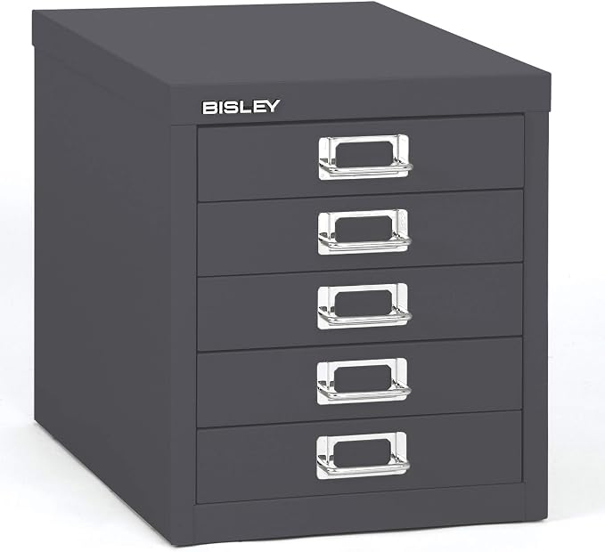 Bisley 5-Drawer Steel MultiDrawer Cabinet - Anthracite Grey | Chrome Pull Handles with Label Holders, Powder-Coated Steel, Removable Drawers, Desktop Storage, Labels Included