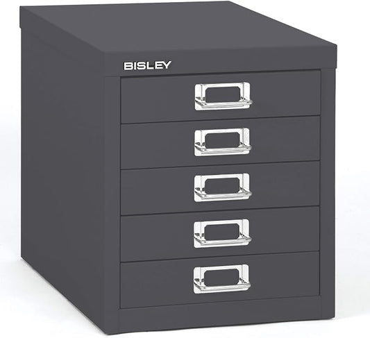 Bisley 5-Drawer Steel MultiDrawer Cabinet - Anthracite Grey | Chrome Pull Handles with Label Holders, Powder-Coated Steel, Removable Drawers, Desktop Storage, Labels Included