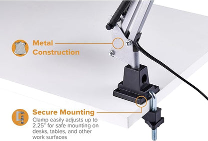 Bostitch Office VLF100-SLV Swing Arm Desk Lamp with Clamp Mount, 36" Reach with Multi-Joint Adjustment, Includes Replaceable LED Bulb (VLF), Silver