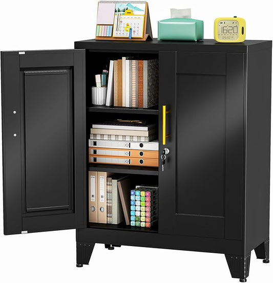 pozdeg 35.43" Metal Storage Cabinet with Lock, Metal File Cabinet with 2 Doors ＆ 2 Adjustable Shelves, Steel Locker Utility Tool Garage Cabinets for Home, Office, Warehouse (Black)