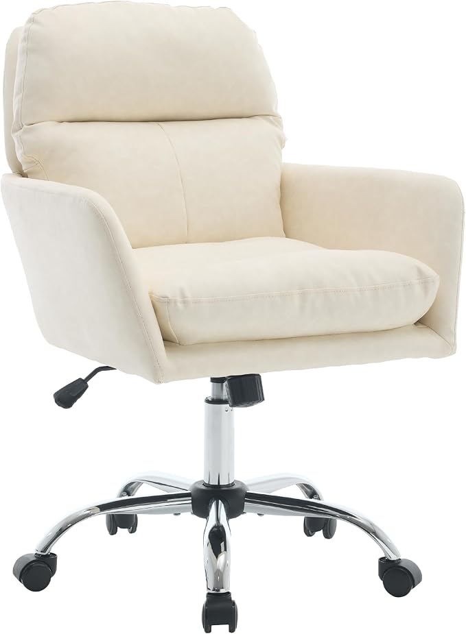 YITAI Adjustable Home Office Desk Chair with Comfy Square Mid-Back, Faux Leather 360 Swivel Upholstered Task Armchair with Wheels for Vanity Bedroom/Living Room,White