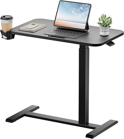GTPLAYER Small Standing Desk with Hidden Wheels, Pneumatic Mobile Rolling Laptop Desk, Adjustable Height Overbed Bedside Table Computer Workstation for Home Office (28" W x 16" D, Black)