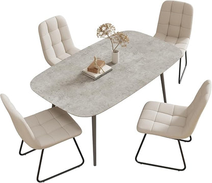 HIPIHOM 55.1'' Dining Table Set for 4,Modern Wood Dining Table,Leather Dining Chairs 4,Table and Chairs Set of 4,Ideal for Kitchen Dining Room (Gray Table + 4 U-Shaped White Chairs, 55.1")