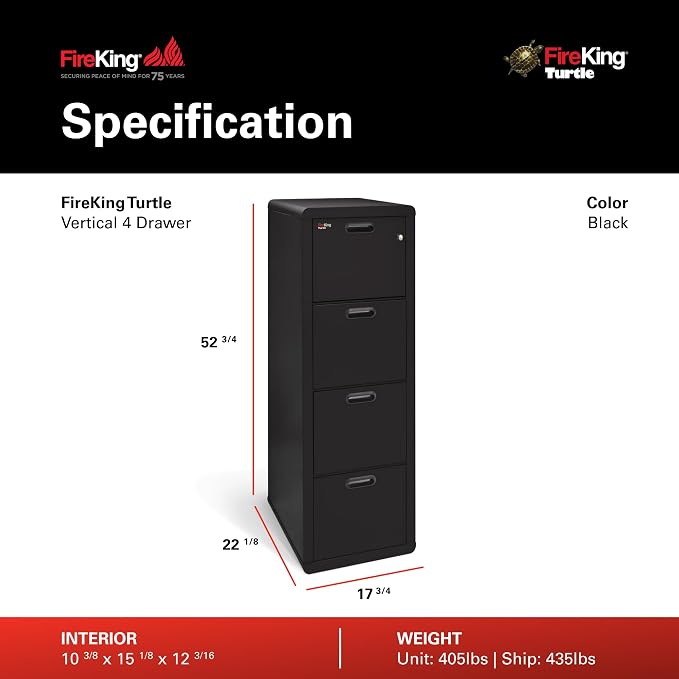 FireKing Turtle Contour - 4 Drawer Fire Safe File Cabinet with Key Lock - 1 Hour Fire Rated, UL Rated & Water Resistant Home Safe - Made in the USA Legal & Letter Filing Cabinet - Black
