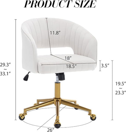 Home Office Chair Swivel Velvet Desk Chair Accent Armchair Upholstered Modern Tufted Chairs with Gold Base for Girls Women Ergonomic Study Seat Computer Task Stools for Living Room(Cream)