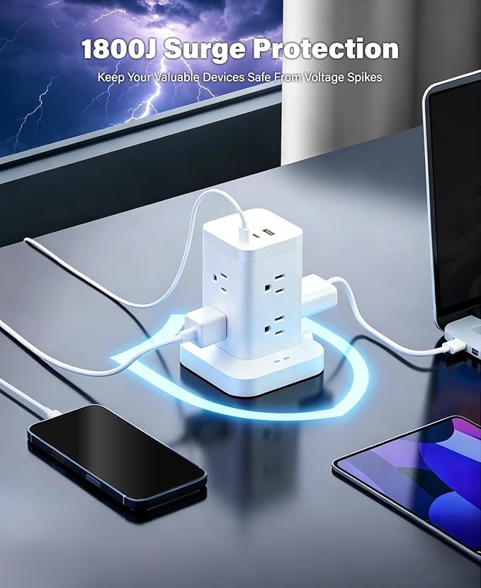 Power Strip Tower with Surge Protector 1800J, Fast Charging Tower PD20W USB-C Ports with 8 AC Outlets, 10ft Extension Cord for Home Office Dorm Room, White