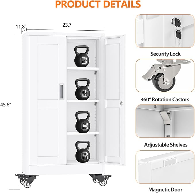 pozdeg 45.6" Metal Garage Storage Cabinets with Wheels, Lockable Rolling File Cabinets with 2 Doors and 3 Adjustable Shelves, Steel Tool Organizer Locker for Office Home Garage Gym School, White