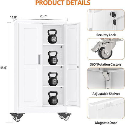 pozdeg 45.6" Metal Garage Storage Cabinets with Wheels, Lockable Rolling File Cabinets with 2 Doors and 3 Adjustable Shelves, Steel Tool Organizer Locker for Office Home Garage Gym School, White