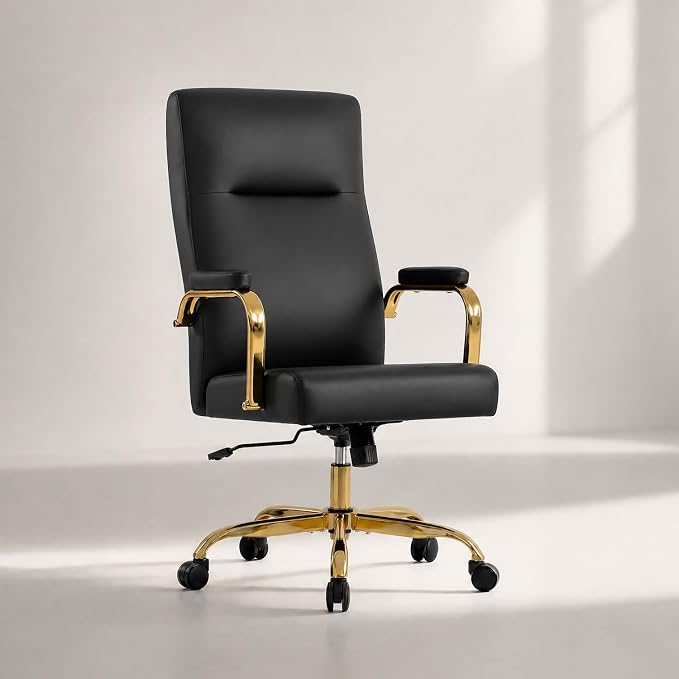 Black and Gold Office Desk Chair,Leather Conference Room Chairs with Wheels,Modern High Back Executive Office Chair with Memory Foam,Ergonomic Swivel Computer Chair for Home Office