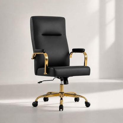 Black and Gold Office Desk Chair,Leather Conference Room Chairs with Wheels,Modern High Back Executive Office Chair with Memory Foam,Ergonomic Swivel Computer Chair for Home Office